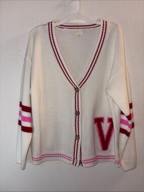 Vici Cream Cardigan Sweater with Pink and Burgundy V Detail